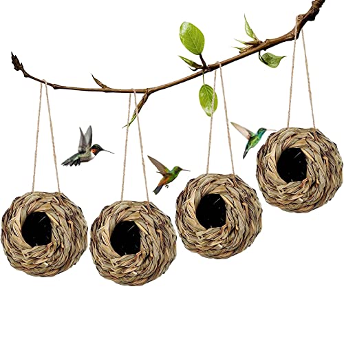 Hummingbird Nest House, 2023 New Natural Grass Hanging Bird Hut, Hand Woven Hummingbird Nest Suitable for Gardens, Balconies, Porches, Tree Trunks (4pcs)