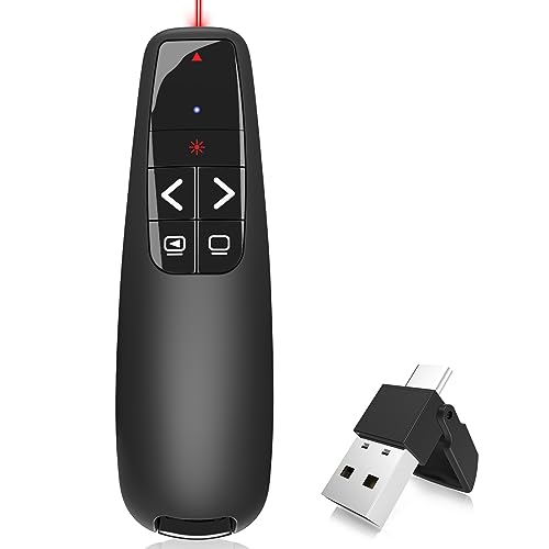 Wireless Presentation Clicker PowerPoint Presenter Remote : USB Type C Clicker with Red Laser Pointer Long Range PPT Control -Power Point Google Slide Advancer for Mac Laptop PC Computer Keynote