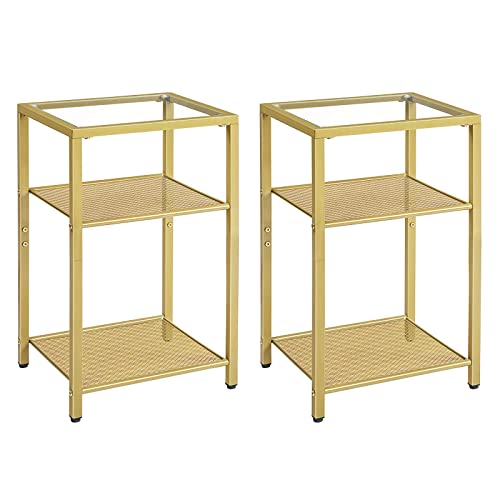 HOOBRO Side Tables Set of 2, 3-Tier Slim Nightstands with Storage Shelves, Modern End Tables, Tempered Glass Bedside Tables, for Living Room, Bedroom, Gold GD77BZP201