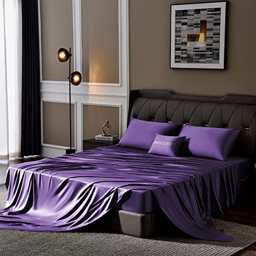 Queen Size Sheet Set 4 Piece Purple Bamboo Bed Sheets Soft Cooling Sheets for Hot Sleepers Fitted Sheet 16" Deep Pocket Best Luxury Hotel Collection Washed Wrinkle Free Breathable Flat Sheet