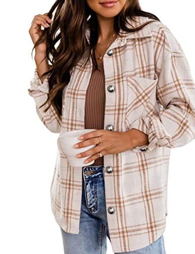 Qiaomai Women's Casual Plaid Shacket Fall Jacket Flannel Wool Blend Button Down Shirt (#1Beige-M)