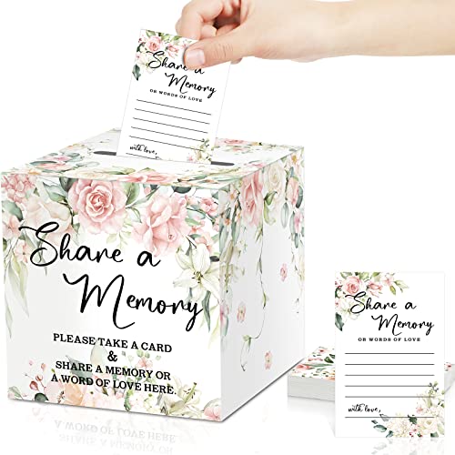 Tatuo 50 Pcs Greenery Share a Memory Cards for Collections of Life, Memory Cards Box Guest Card Ideas Pink Flower Box for Funeral Graduation Wedding Bridal Shower Birthday Anniversary Retirement