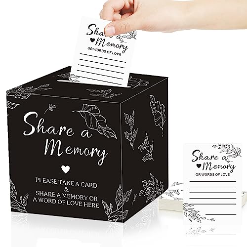 KIUKIUO 50 Pcs Plant-Design Memory Cards with Thick Memory Card Box for Life Events - Memory Card Box and Guest Book Alternative for Funeral and Graduation (Black)