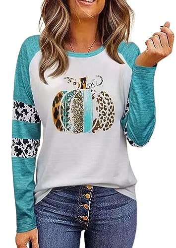 Leopard Cow Pumpkin Long Sleeve T-Shirt Blouses for Women Halloween Thanksgiving Pumpkin Tops Raglan Baseball Shirt(Large, Blue)