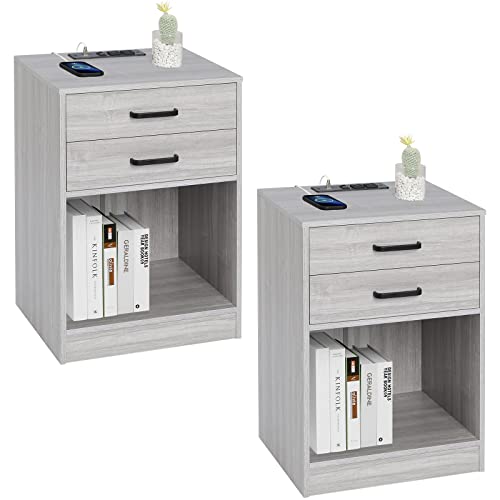 ADORNEVE Nightstands Set of 2,Grey Nightstand with Charging Station & Drawers,Night Stands for Bedrooms Set of 2