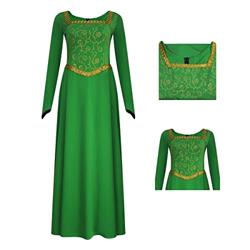 PAINEOMN Fiona Costume Women Princess Fiona Dress Adult Long Sleeves Green Dress Gown Dress Halloween Cosplay Party Outfit 2XL