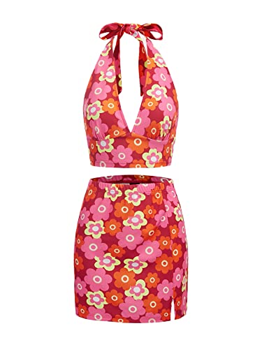 Verdusa Women's 2 Piece Outfit Floral Crop Halter Top and Split Bodycon Sets Red S