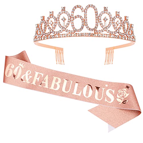Casoty 60th Birthday Sash and Tiara for Women, 60th Birthday Decorations Women, Rose Gold 60th Crown and "60 & Fabulous" Sash Set, 60 Birthday Decorations for Women, 60th Birthday Gifts for Women