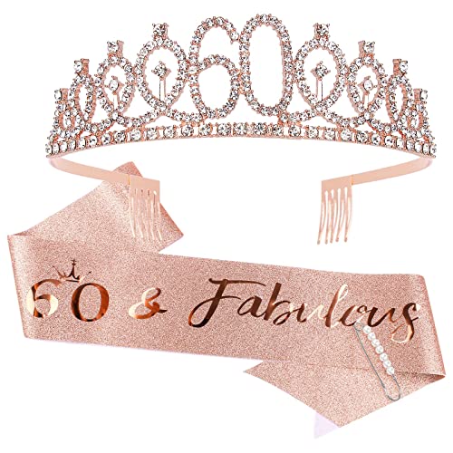 Semato 60 & Fabulous Birthday Crown and Sash Kit- 60th Birthday Gifts for Women 60th Birthday Party Decorations (rose gold)