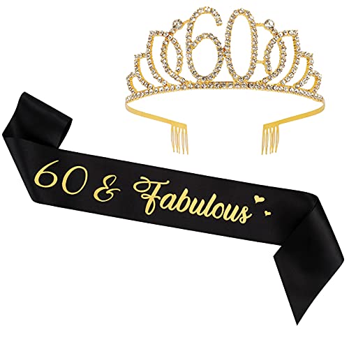 H-BDAY 60th Birthday Sash & Rhinestone Tiara Kit, 60th Birthday Decorations for Women, 60 & Fabulous Birthday Gifts,Birthday Crown for Women 60th Birthday Party Supplies