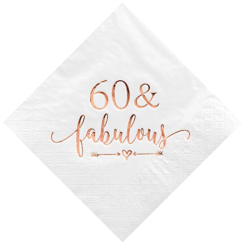 Crisky 60 and Fabulous Cocktail Napkins Rose Gold for Women 60th Birthday Decorations, 60th Birthday Bevergae Dessert Table Supplies, 50Pcs, 3-Ply