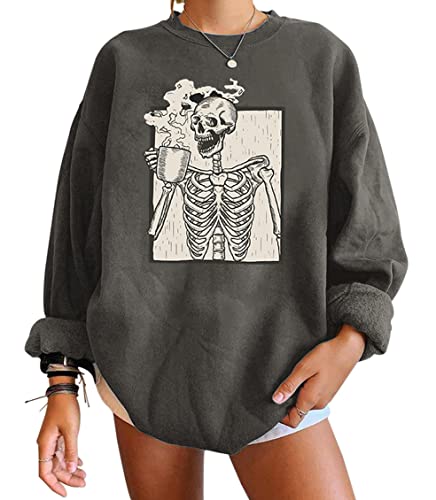 Meladyan womens Halloween Skull Graphic Print Fleece Oversized Sweatshirt Crewneck Long Sleeve Drop Shoulder Pullover, Dark Grey, Small