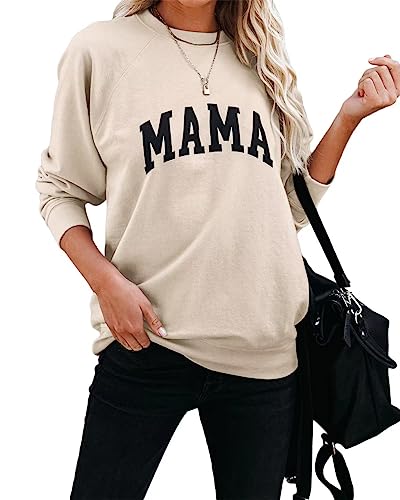 Dressmine Womens Crewneck Sweatshirt Raglan Long Sleeve Mama Letter Print Graphic Shirts Casual Pullover Tops Apricot Medium