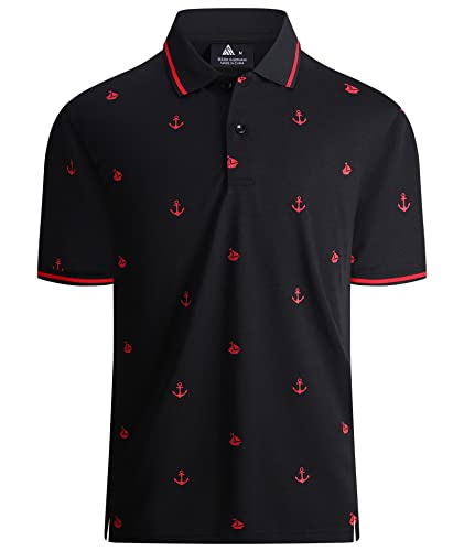 LLdress Mens Golf Shirt Print Performance Dri Fit Moisture Wicking Short Sleeve Polo Shirts for Men with Collared,Black Red Anchor 3XL