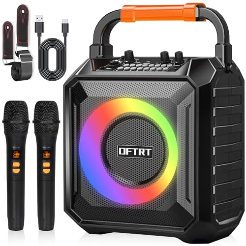 Karaoke Machine with Two Wireless Microphones, Portable Karaoke Machine for Adults & Kids, Bluetooth Speaker with Bass/Treble Adjustment, PA System, LED Lights, Supports TF/USB, AUX in, FM, REC, TWS