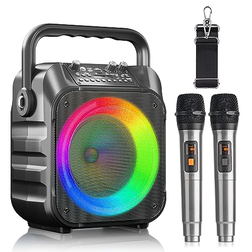 CYY Karaoke Machine for Adults & Kids, Portable Bluetooth Karaoke Speaker with Two Wireless Mics and Colorful LED Lights, Ideal Gifts for Girls Boys Home Party