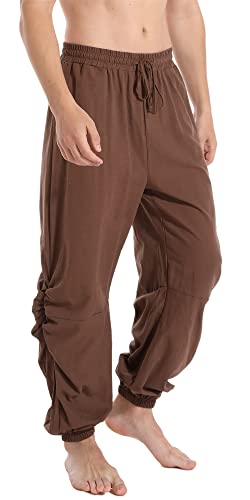 perdontoo Mens Cotton Linen Drawstring Elastic Waist Casual Jogger Yoga Pants (X-Large, Brown)
