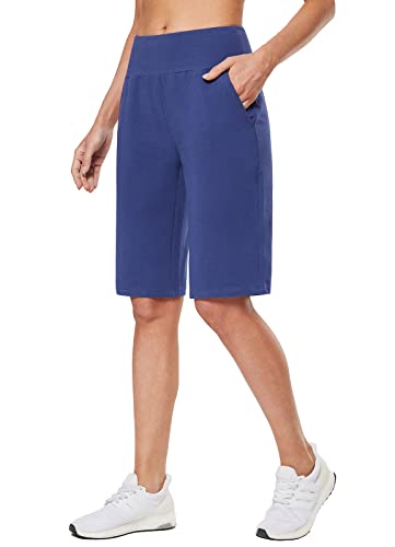 BALEAF Women's 12" Long Bermuda Shorts with Pockets Knee Length Dressy Cotton for Casual Work Lounge, Blue X-Large