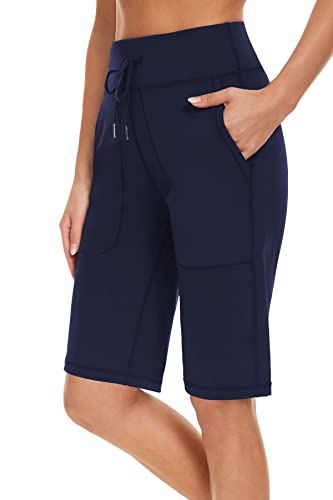 movvoche Women's Long Shorts 12" Bermuda Shorts Athletic Knee Length Running Workout Stretch Long Shorts with Pocket Navy L