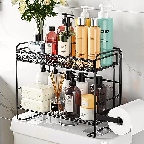 Over The Toilet Storage Shelf, 2-Tier Folding Bathroom Organizer Over Toilet Storage Shelves, Upgrade Screwless Over Toilet Rack with Toilet Paper Holder, No Drilling, Multifunctional, Unique Pattern