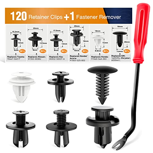 GOOACC 120PCS Car Bumper Push Retainer Clips & Nylon Fasteners Rivet Kit 6mm 7.6mm 8mm 8.8mm 10mm Door Trim Panel Clips , 1PC Fastener Remover, Black