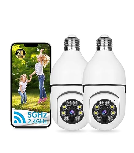 NoahTec 2K Light Bulb Security Cameras Wireless Outdoor 2pc- 2.4/5G Hz WiFi 360 Motion Detection Cameras for Home Security Outside Indoor, Full-Color Night Vision, Auto Tracking, Siren Alarm