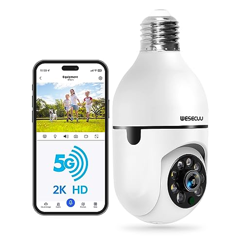 WESECUU Light Bulb Security Camera -5G& 2.4GHz WiFi 2K Security Cameras Wireless Outdoor Motion Detection and Alarm,Two-Way Audio,Color Night Vision,Human Tracking, Bulb Camera Compatible with Alexa