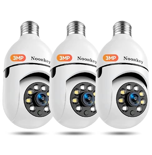 Noonkey Light Bulb Security Camera 3MP, Alexa E27 Light Socket Camera for Outdoor, Wireless WiFi Home IP Camera w/Motion Tracking Detection Alarm, 360 Degree, Color Night Vision, 2-Way Talk, 3 Pack