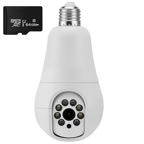 Wireless Light Socket Bulb WiFi Security Camera 360 Degree PTZ Home Camera Floodlight Night Vision Motion Detection Auto Tracking 64GB Micro SD Card Included Compatible with Alexa