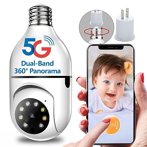 5G Wifi Light Bulb Camera,360HD Light Bulb Security Camera,Light Camera Full Colour Night,Two Way Talk Sound Alarm, Security Cameras Wireless Outdoor Motion Detection ,Cloud Service Free Trial1month