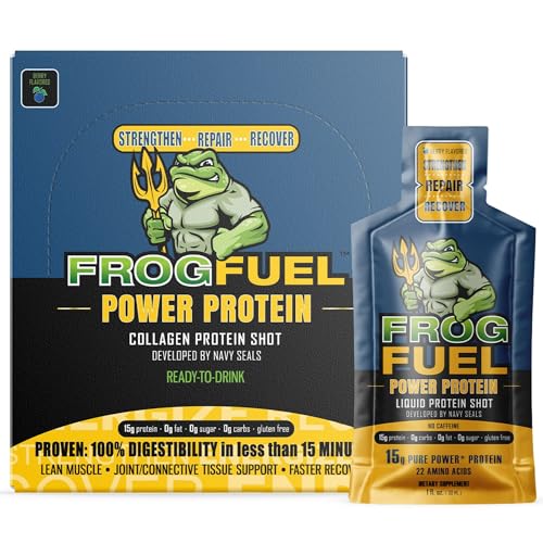 Frog Fuel Power Regular Complete Protein Shot, 15g Protein Nano-Hydrolyzed Grass Fed Collagen, Post Workout, Gluten Free, Fat & Sugar Free, 22 Amino Acids, 0 Carbs, Berry, 1 oz Packets, 24 Pack