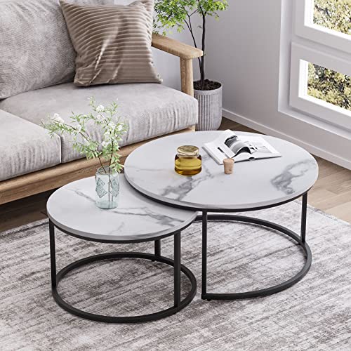 Smuxee White Nesting Coffee Table Set of 2, 31.5" Round Coffee Table Wooden Marble Pattern with Adjustable Non-Slip Feet, Industrial End Table for Living Room Bedroom Balcony
