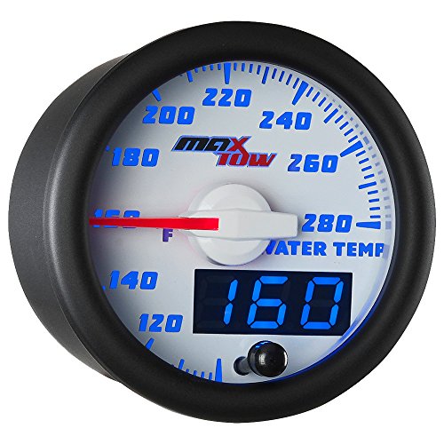 MaxTow Double Vision 280 F Water Coolant Temperature Gauge Kit - Includes Electronic Sensor - White Gauge Face - Blue LED Illuminated Dial - Analog & Digital Readouts - for Trucks - 2-1/16" 52mm