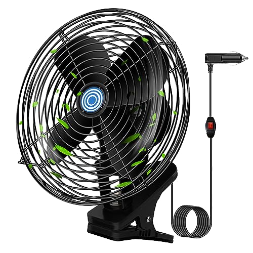 Ultra-Quiet Portable Car Fan, 8 Inch clip-on Cigarette Lighter Fan, All Metal 12V Golf Cart Fan, car seat fan, car cooling fan with Clip Cigarette Lighter Plug forTruck, Boat, Buses, Tractor,Camper