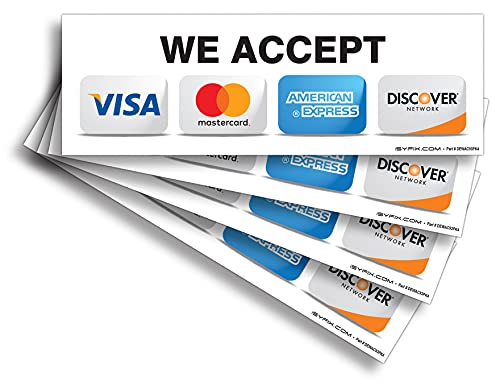 iSYFIX Credit Card Sticker Signs Stickers - 4 Pack 9-x 3- Inch - We Accept Visa, MasterCard, Amex & Discover, Premium Self-Adhesive Vinyl, Laminated, UV, Weather, Scratch, Water and Fade Resistance