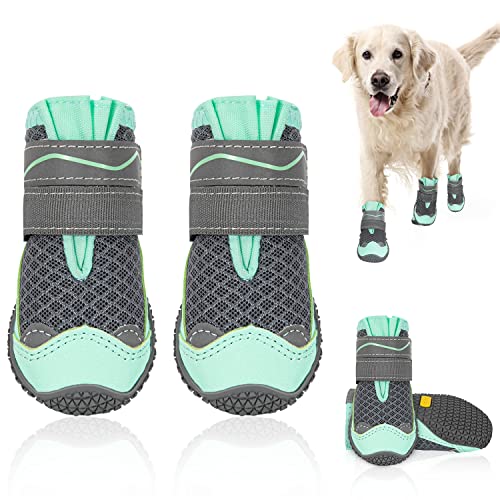 SlowTon Breathable Dog Shoes - Soft Non-Slip Rubber Sole Dog Boots for Winter Snow & Hot Pavement, Adjustable Dog Booties with Reflective Strap, Dog Paw Protector for Small Medium Large Dog (Green, 1)