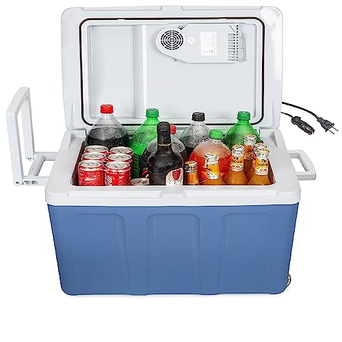 K-Box Electric Cooler and Warmer with Wheels for Car and Home - 48 Quart (45 Liter) - 6 FT. Extra Long Cables Dual 110V AC House and 12V DC Vehicle Plugs (Blue)