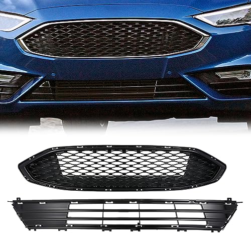 KARPAL Front Upper + Lower Honeycomb Grille Grill Compatible with 2017 2018 Ford Fusion Gloss Black
