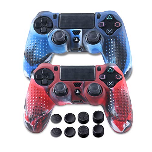 Silicone Skin for PS4 Controller - Anti-Slip Covers for PS4 - Protector Case for PS4/Slim/Pro Accessories - 2 Pack PS4 Controller Skins - 4 Pairs Thumb Grips for PS4- Camo Blue & Camo Red