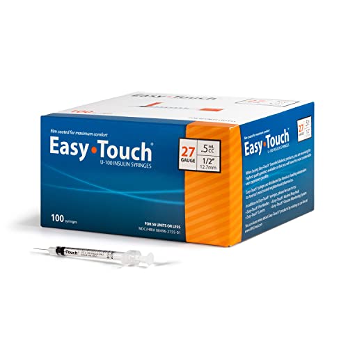 EasyTouch U-100 Insulin Syringe with Needle, 27G 0.5cc 1/2-Inch (12.7mm), Box of 100