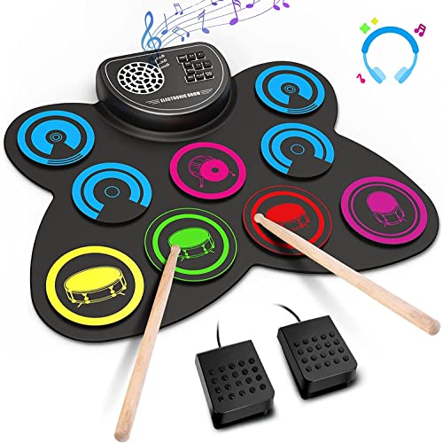 Electronic Drum Set, EKEMOND 9 Drum Practice Pad with Headphone Jack, Roll-up Drum Pad Machine with Built-in Speaker Drum Pedals Drum Sticks 10 Hours Playtime, Ideal Christmas Holiday Gift for Kids