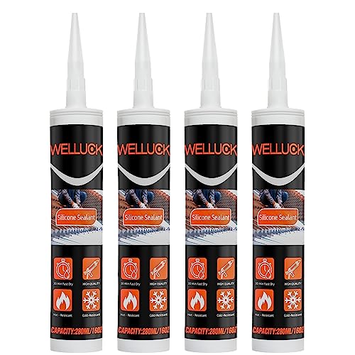 WELLUCK Waterproof 100% Silicone Sealant, Caulking Flexible Sealant Cartridge, Fast Cure Adhesive for General Use, Window, Door, Glass, RV, Automotive Leak Sealing(White, 16oz, 4-Pack)