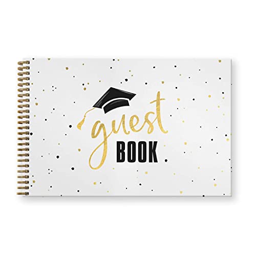 Canopy Street Hardcover Black Faux Gold Graduation Guestbook / 120 Lined Guest Signature Pages Inside / 5.5" x 8.5" Landscape Lay Flat Gold Metal Spiral Binding Gender Neutral Grad Party Dcor