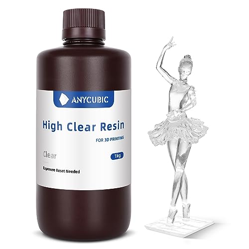 ANYCUBIC High Clear 3D Printer Resin, Resist Yellowing and Highly Transparent, Tough and Resilient, Low Odor 3D Printing Resin, Widely Compatible for All LCD/DLP Resin 3D Printers (High Clear, 1kg)