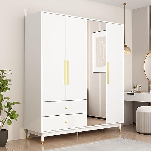 DiDuGo 4-Door Wardrobe Closet with Mirror & 2 Drawers, Armoire Wardrobe Closet with Hanging Rod, Armoire Closet with Wooden Legs, Closet for Bedroom White (63W x 18.9D x 70.9H)