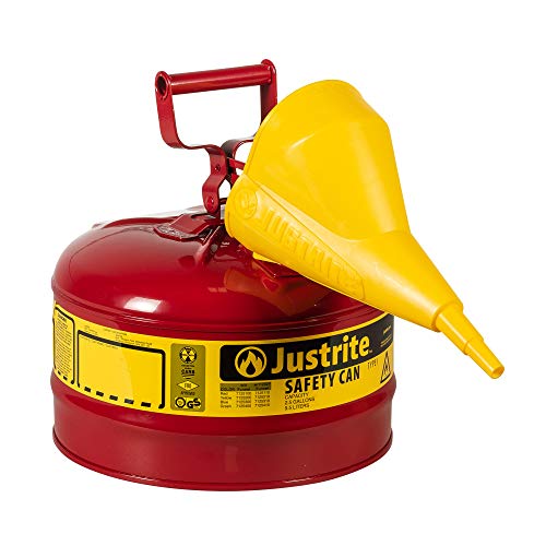 Justrite 7120110 2 Gallon, 9.50" OD x 13.75" H Galvanized Steel Type I Red Safety Can With Funnel
