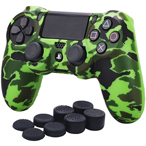 YoRHa Water Transfer Printing Camouflage Silicone Cover Skin Case for Sony PS4/slim/Pro Dualshock 4 Controller x 1(Green) with Pro Thumb Grips x 8