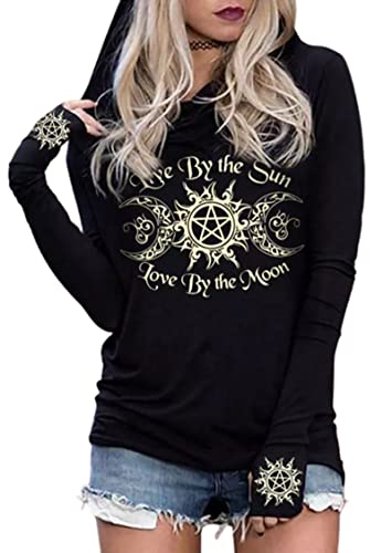 Live by The Sun Love by The Moon Hoodie Women's Sun and Moon Casual Long Sleeve Sweatshirt Round Neck Pullover Tops(Large,Black)