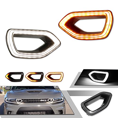 GTINTHEBOX for 2015 2016 2017 2018 2019 2020 2021 Dodge Charger SRT Scat Pack Pig Nose Grille Lights Smoked Switchback LED White DRL Amber Sequential Turn Signal Lamp