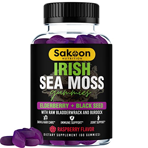 Irish Sea Moss Gummies with Elderberry & Black Seed Oil - Promotes Beautiful Skin & Hair, Thyroid Support, Strong Immunity, Rich in Essential Vitamins & Minerals, Delicious Raspberry Taste